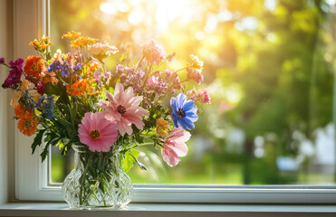 A beautiful bouquet of colorful flowers in front of the window, sunlight shining through the glass on them, creating a warm and cozy atmosphere. Created with Ai