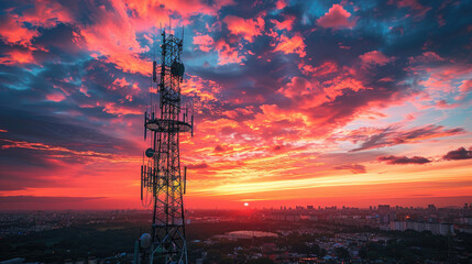 Stunning Sunset with Vibrant Clouds and Communication Tower Overlooking Cityscape