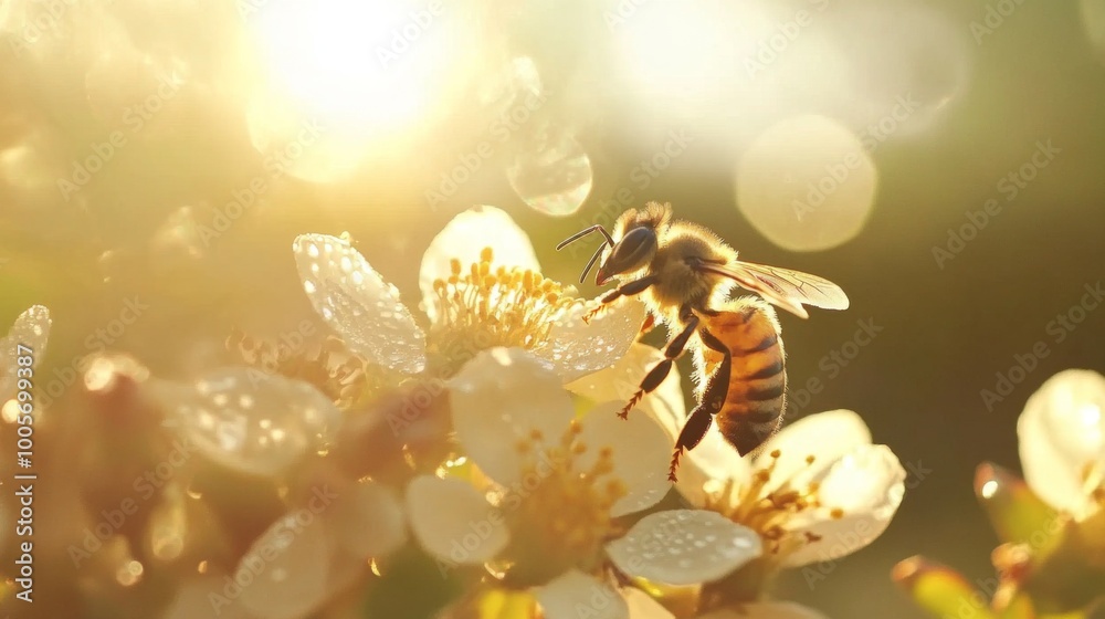 Poster A dynamic shot of a bee collecting nectar from a flower, with dew drops visible on the petals, illustrating the connection between nature and its pollinators