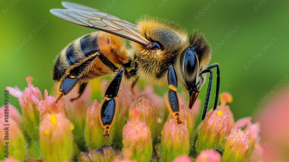 Poster A dynamic shot of a bee collecting nectar from a flower, with dew drops visible on the petals, illustrating the connection between nature and its pollinators