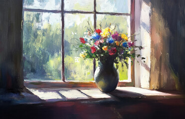 A vase of colorful flowers stands on the windowsill, with sunlight shining through the window, and outside are green trees. Created with Ai