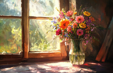 A vase of colorful wildflowers is placed on the windowsill, with sunlight shining through the window onto them and green trees outside the open wooden door. Created with Ai
