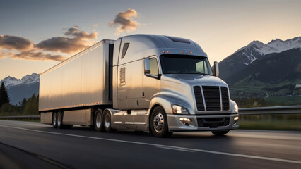 photorealistic image of a sleek, futuristic semi-trailer truck