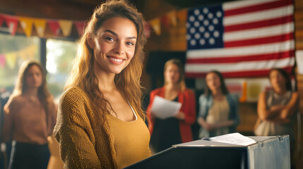 A joyful woman participates in the voting process at a bustling polling station, proudly exercising her civic duty alongside fellow citizens and flags