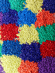 Colorful masterbatch granule, mix color polypropylene polymer granules, cold cutting type granule texture, isolated on white background, for industrial plastic company profile product catalog design