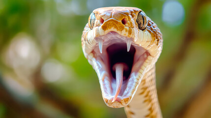 Fototapeta premium Close-up of a ferocious snake with bared teeth, poised to strike amidst natural lighting and blurred bokeh background showcasing its fierce nature