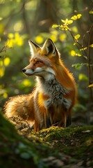 Fototapeta premium Capture the elusive charm of a fox in its natural habitat, showcasing its sleek orange fur, bushy tail, and keen expression as it gracefully navigates through a lush forest, illuminated by dappled sun
