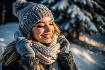 Joyful woman enjoying a snowy winter day