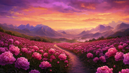 A breathtaking landscape of an endless sea of purple peonies, with mountains in the background and a dramatic sky filled with hues of pink and orange at sunset. Created with Ai 