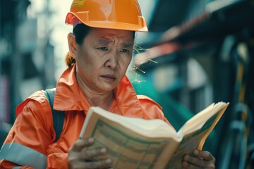A disaster response team leader holding an emergency playbook, their face reflecting calm under pressure as they coordinate relief efforts.