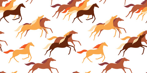Seamless pattern with running horses. Abstract silhouettes of mustang animals in a herd. Vector graphics.