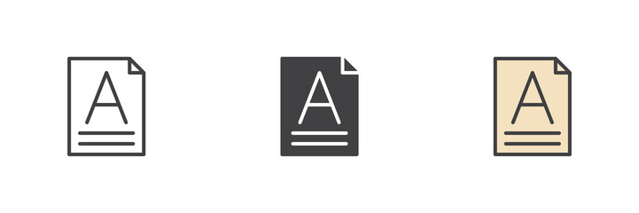 Letter A on a paper different style icon set