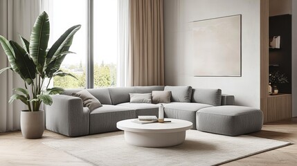 Modern Minimalist Living Room with Grey Sectional Sofa