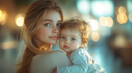 Obraz premium young beautiful mother holding baby in her arms with love and smile on light blurred background of room, woman, girl, child, daughter, son, place for text, copy space, mother's day, parenthood, infant