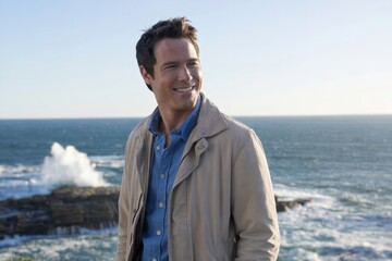 Smiling man enjoying scenic ocean view on a sunny day