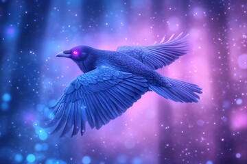Obraz premium Mystical Raven in Flight: A majestic raven with glowing red eyes soars through a fantastical forest, its wings outstretched against a backdrop of shimmering blue and pink light.