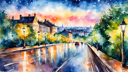 Summer landscape. Drawing in watercolor. city lights in the distance blurring into bokeh, romantic atmosphere