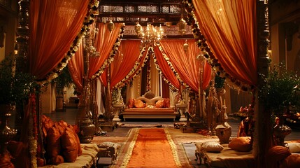 Fototapeta premium A traditional Indian wedding setting adorned with silk decorations