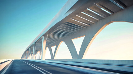 A modern curved arch bridge showcasing a sleek steel structure over a highway beneath a clear blue sky during daytime