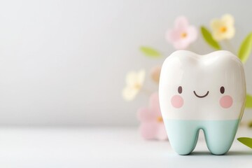 A cute tooth figurine surrounded by flowers, representing dental health and care for children. Perfect for educational themes.