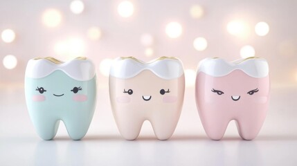 Obraz premium Cute and charming tooth characters in pastel colors, perfect for dental themes and children's healthcare.