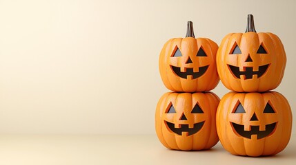 Four jack-o'-lanterns stacked on top of each other against a cream background.
