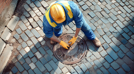 Street maintenance worker in blue overalls and yellow vest opens a manhole cover on a cobblestone sidewalk with specialized tools