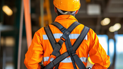 Worker in safety gear, orange outfit, indoor
