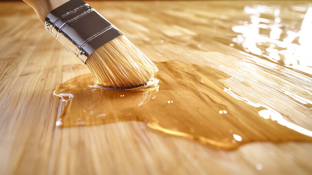 Applying clear varnish with a brush to enhance the natural beauty of a light wood surface during a creative woodworking project in a rustic setting