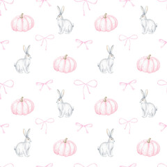 Bunnies, pink pumpkins and bows. Seamless watercolor pattern on white background for textiles and wrapping paper. Cute autumn illustration