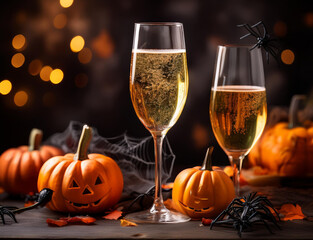 ハロウィンのカボチャとシャンパン