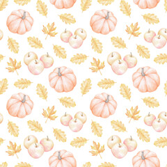 apples, pumpkins, oak and maple leaves. Seamless watercolor pattern on white background for textiles and wrapping paper. Cute autumn illustration