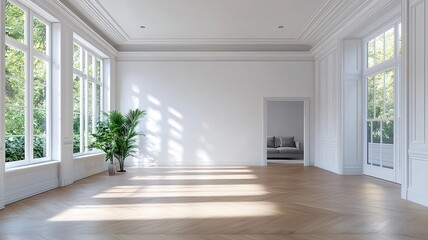 A bright, spacious room with large windows, a decorative ceiling, and a potted plant, featuring light wooden floors and minimalistic design.
