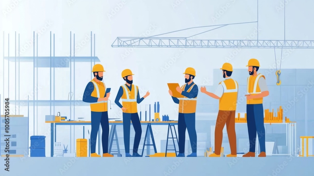 Poster A focused site engineer giving instructions to a group of construction workers, surrounded by tools and materials, highlighting teamwork and effective communication on-site.