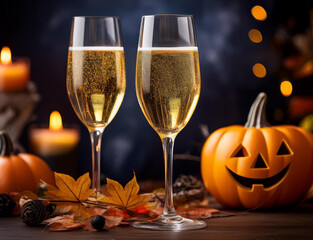 ハロウィンのカボチャとシャンパン