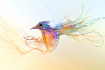 Obraz premium A 3D generative AI image of an abstract bird made from colorful, flowing digital lines and organic elements, symbolizing creativity, nature, and AI fusion