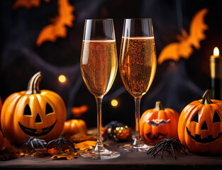 ハロウィンのカボチャとシャンパン
