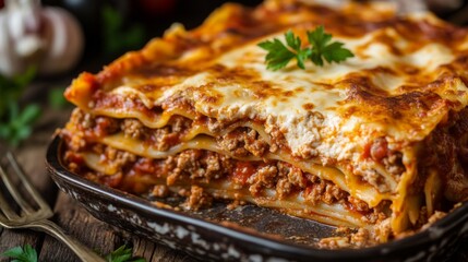 A freshly baked lasagna, golden and bubbling, layered with rich marinara sauce, gooey cheese, and ground meat, served in a ceramic dish with a slice removed, showcasing its hearty layers.