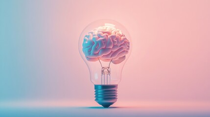 Creative light bulb with a brain, glowing softly, symbolizing intelligence and innovation, placed on a plain background. No people, no logos.