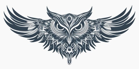 Owl head with tribal designs in a drawing book style.