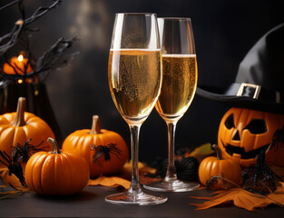 ハロウィンのカボチャとシャンパン