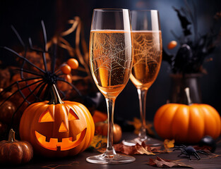 ハロウィンのカボチャとシャンパン