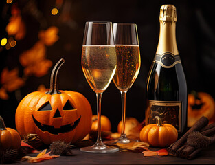 ハロウィンのカボチャとシャンパン