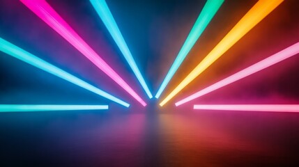 Colorful beams of light radiate from a central point, creating a vibrant, dynamic atmosphere filled with energy and movement.