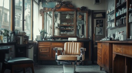 Charming vintage barber shop with ornate mirror and stylish chair, combining nostalgic decor and AI-inspired creativity, illuminated by clear windows
