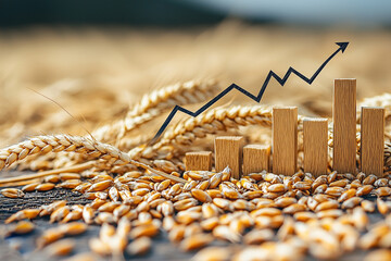 Spikelets and grains of wheat and a growth chart with an arrow pointing up. The cost of grain in the markets of the world. Copy space.