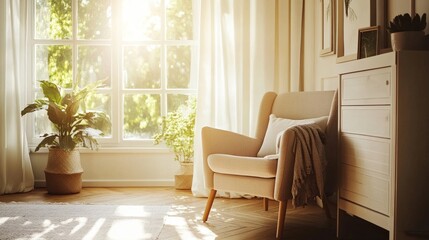 Cozy living room with armchairs and a modern drawer beside a bright window, creating a warm, stylish atmosphere