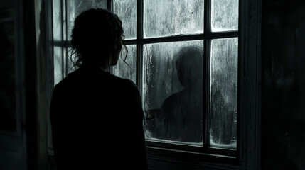 A woman is looking out a window at a person in the rain. Scene is dark and mysterious