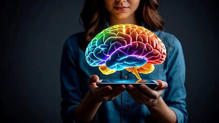 Woman holding a smartphone with colorful glowing brain floating