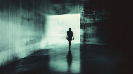 Fototapeta premium A man walks through a dark, empty hallway. The hallway is long and narrow, with a large window on one side. The man is the only person in the room, and he is walking alone